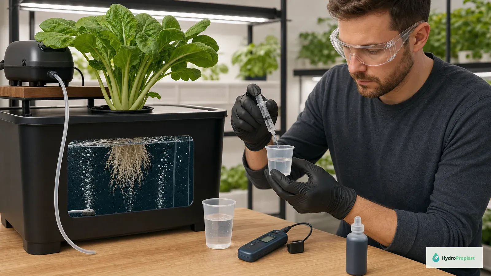 Grower preparing a small diluted pH-adjustment dose beside an aerated DWC reservoir before gradual addition and retesting.