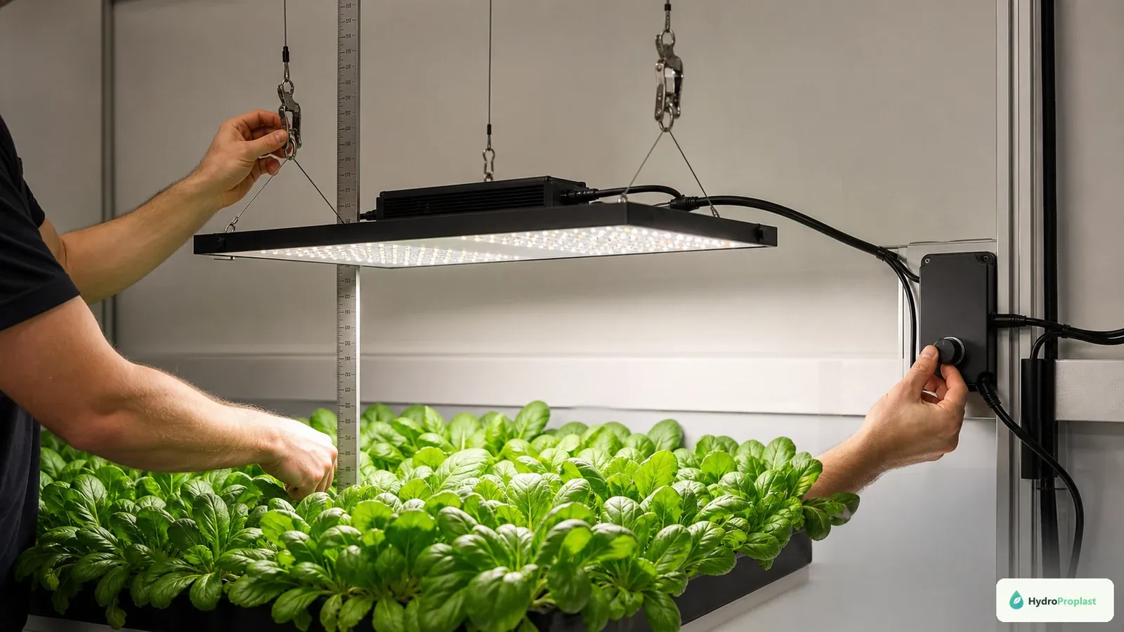 A grower adjusts LED mounting height and dimmer output above an even indoor hydroponic canopy.