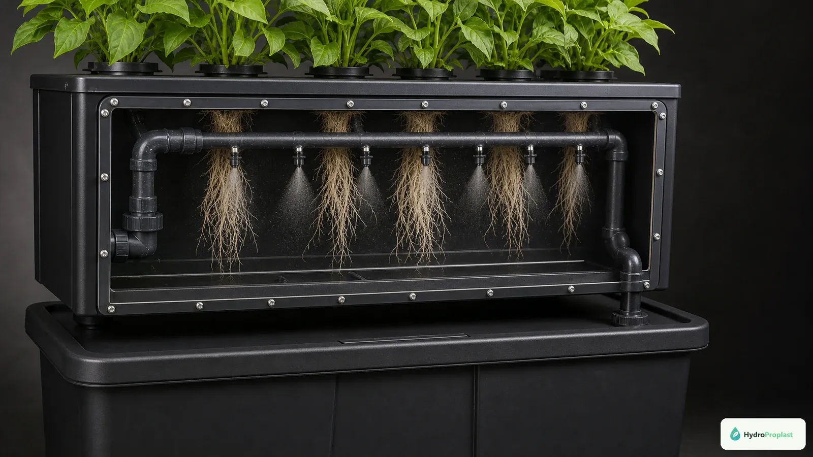 Cutaway aeroponic root chamber showing suspended roots, a sealed manifold, and fine mist nozzles with uniform coverage.