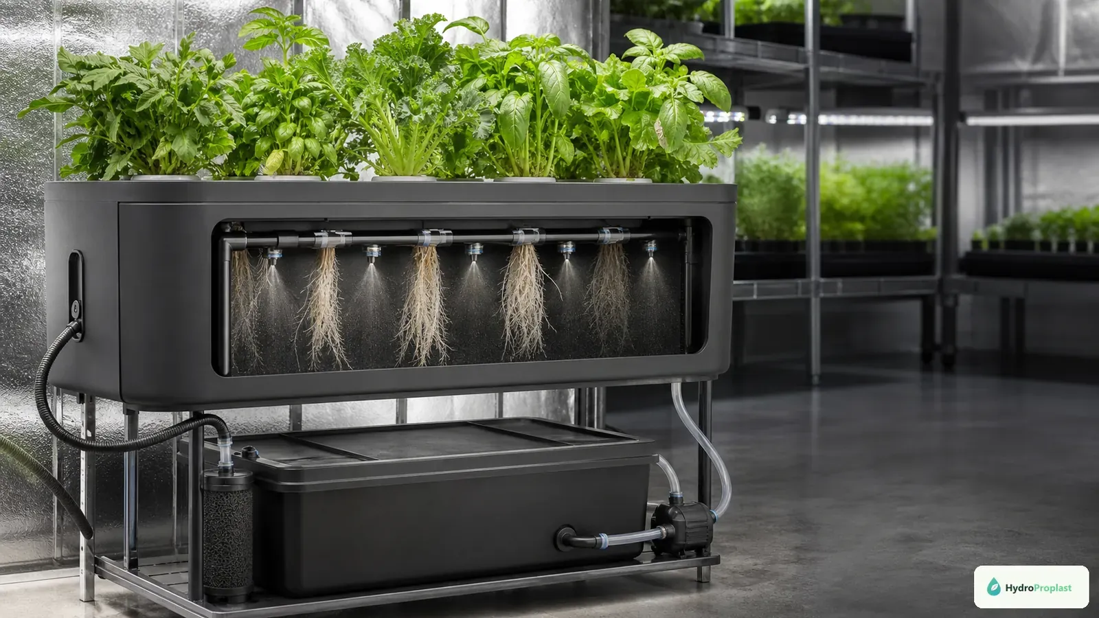 Home aeroponic grow chamber with exposed roots receiving fine nutrient mist beside the visible pump, filter, and reservoir.