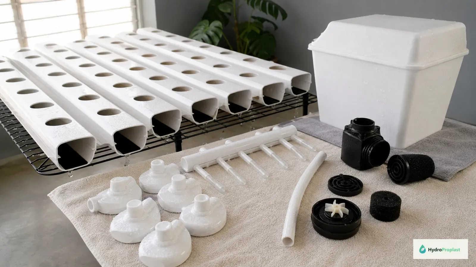 Clean NFT channels, end caps, supply manifold, return tubing, and pump components arranged to air-dry before reassembly.