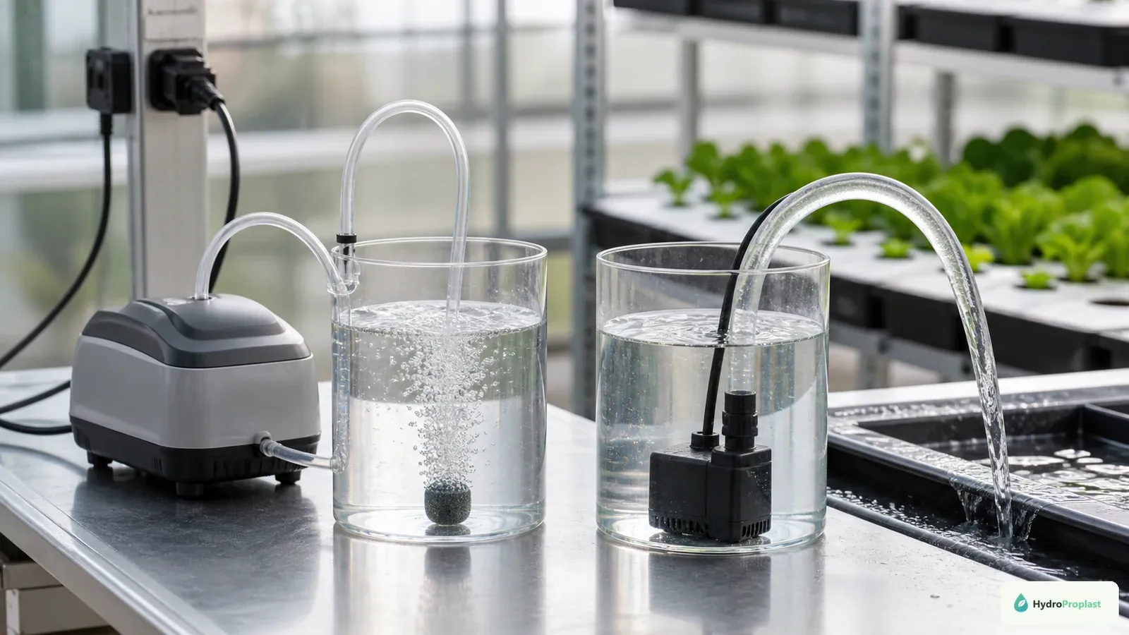 An external air pump supplies bubbles while a submersible water pump circulates nutrient solution in a hydroponic reservoir.