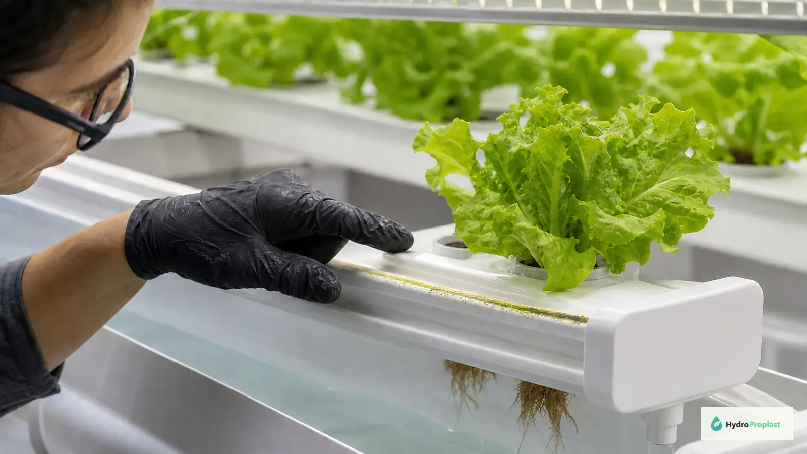 Grower inspecting a thin algae film on a hydroponic channel beside healthy lettuce.