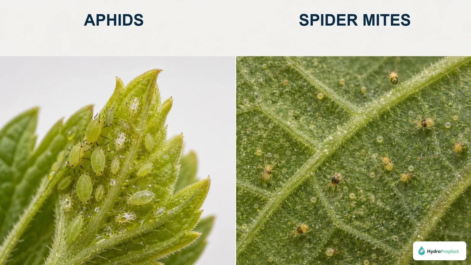 Macro comparison of aphids on tender growth and spider mites with eggs on a leaf underside