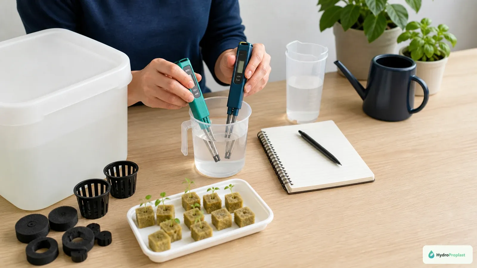 Beginner checks a nutrient-solution sample with separate pH and EC meters beside basic hydroponic supplies.