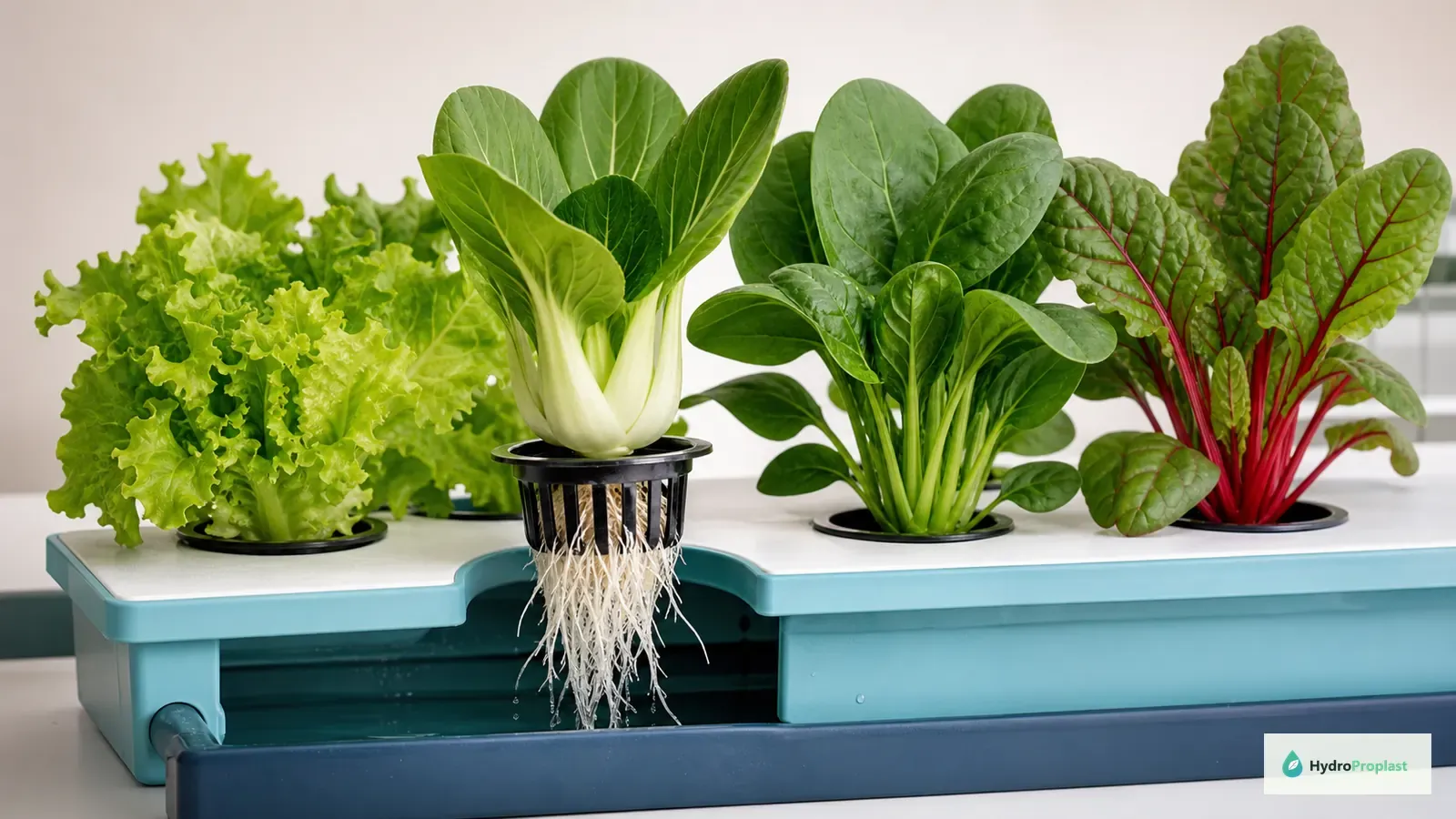 Leafy greens in net cups showing compact hydroponic crops and healthy roots for beginner trials.