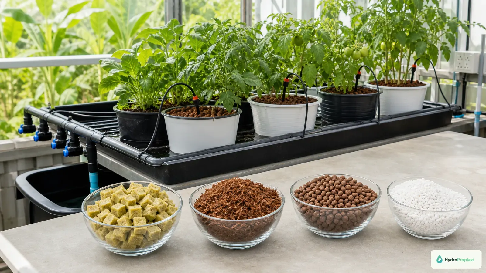 Rockwool, coco coir, clay pebbles, and perlite are compared beside a recirculating drip hydroponic system.