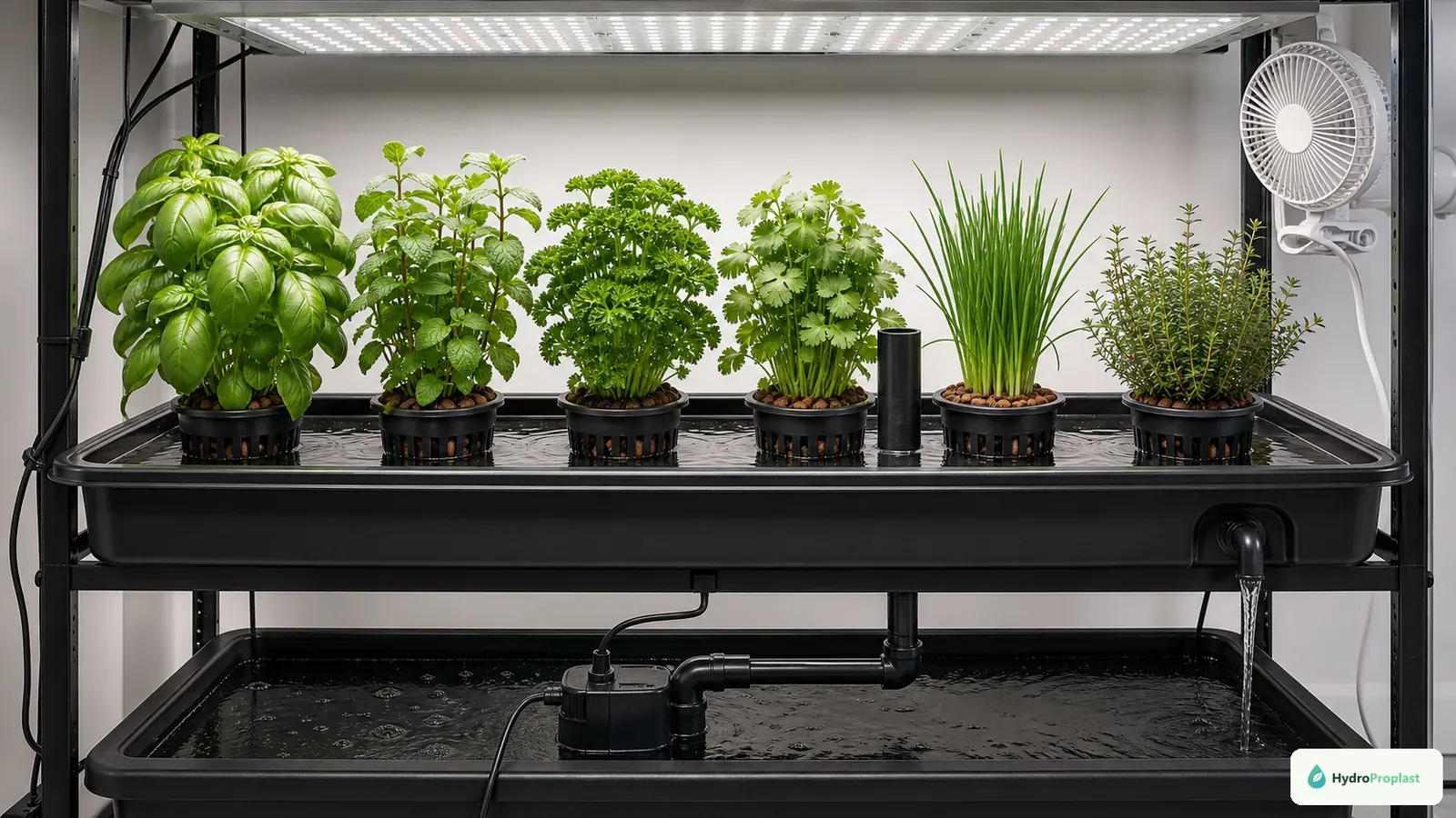 Basil, mint, parsley, cilantro, chives, and thyme grow in separate pots within an Ebb and Flow table.