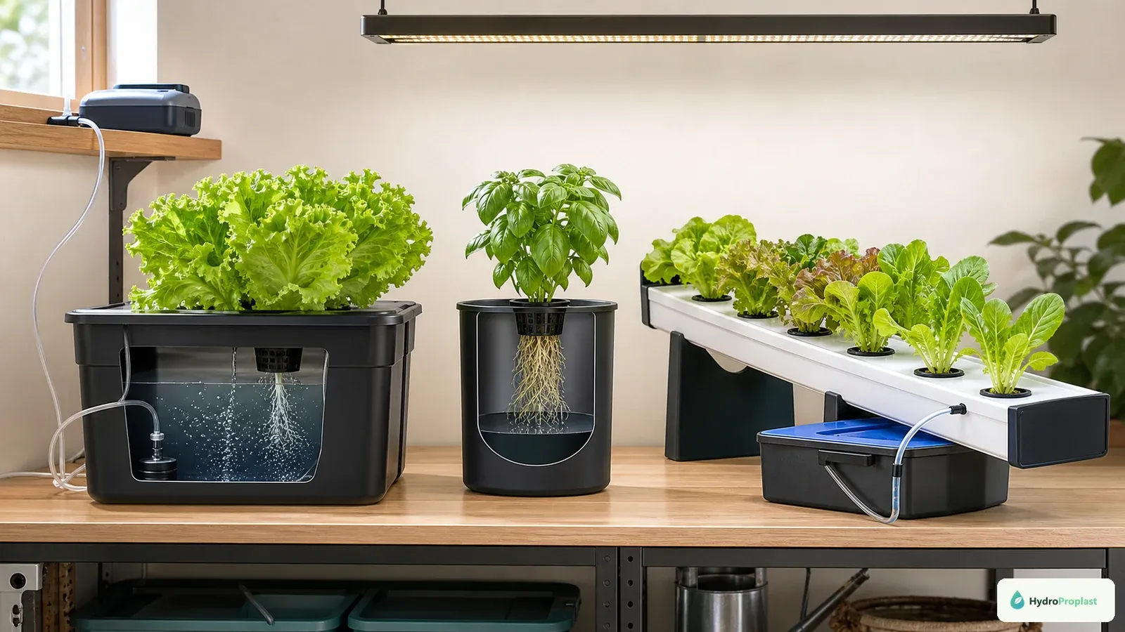 Beginner home setup comparing an aerated DWC reservoir, a passive Kratky container, and a shallow-flow NFT channel.