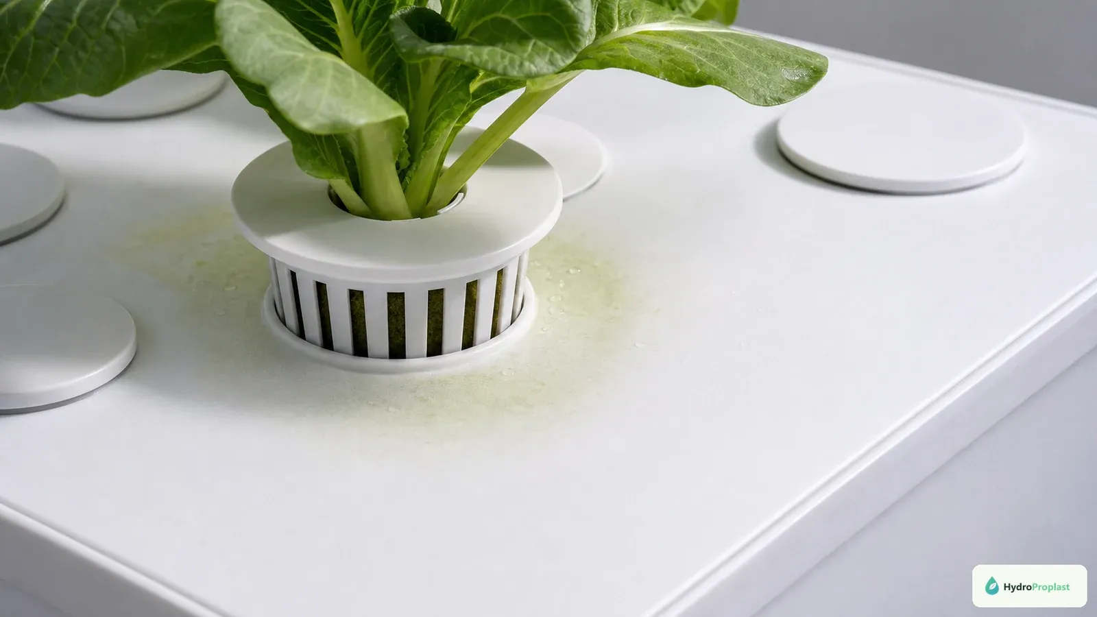 An opaque collar seals the gap around a net pot while fitted caps cover unused planting holes.