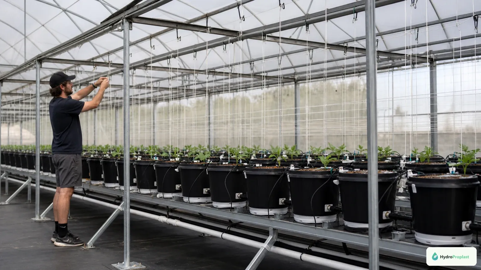 A load-bearing trellis is installed above young cucumber plants in drip-fed containers before vines become heavy.