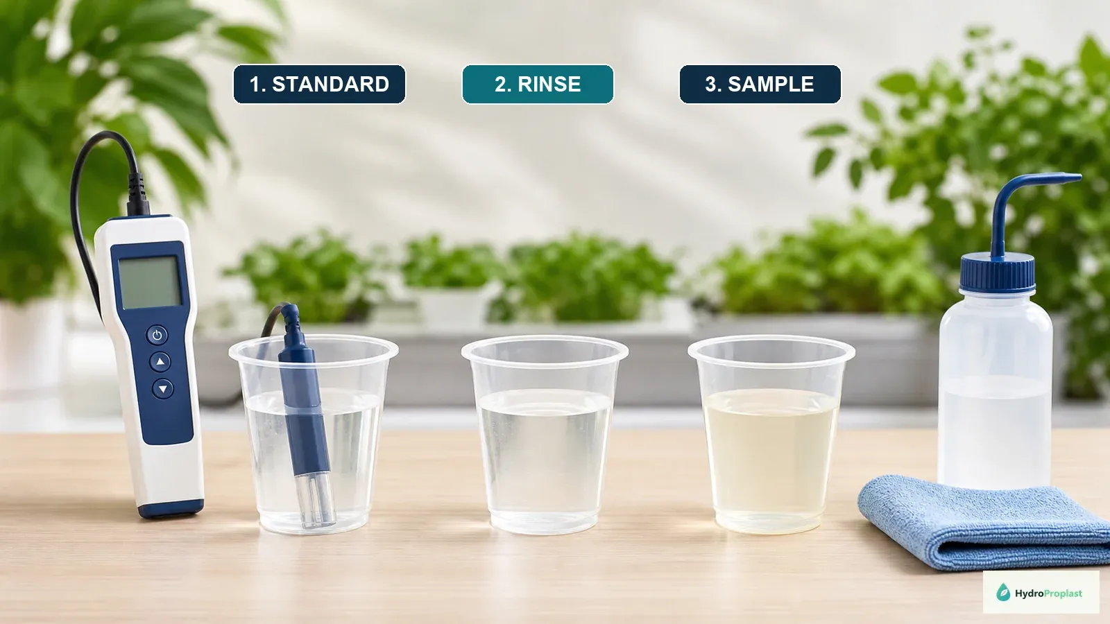 Three-step EC meter workflow using conductivity standard, rinse water, and a separate nutrient-solution sample.