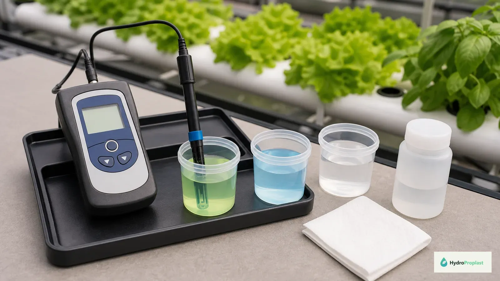 Hydroponic pH meter being calibrated with two clean buffer cups, rinse water, and proper probe-storage solution.