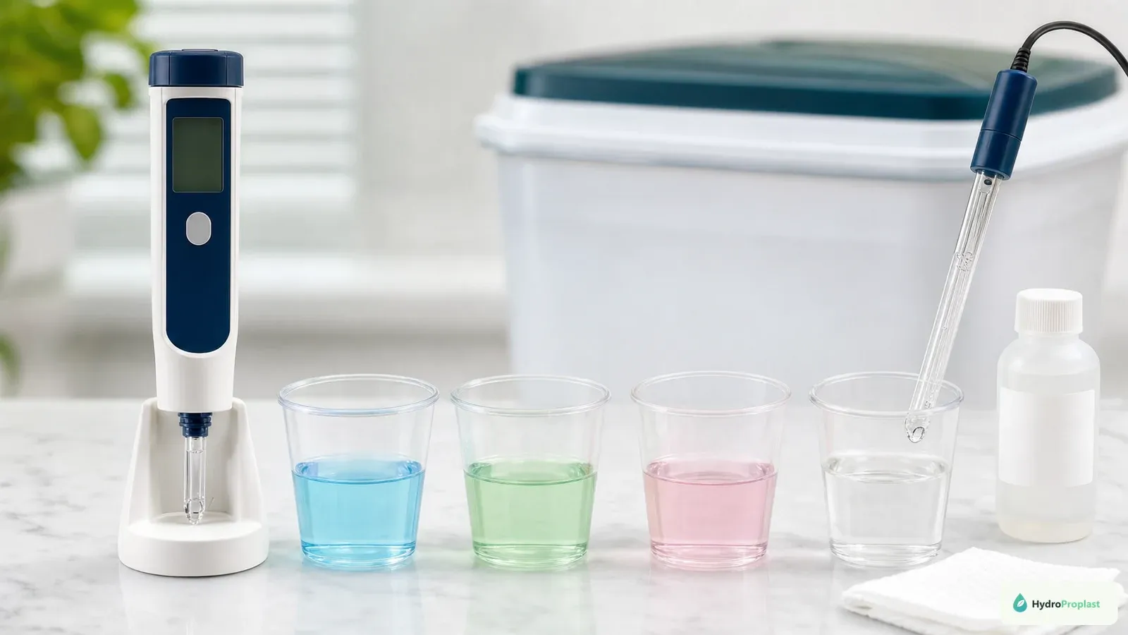 A clean pH meter calibration station with separate buffer cups, rinse water, and probe storage solution.