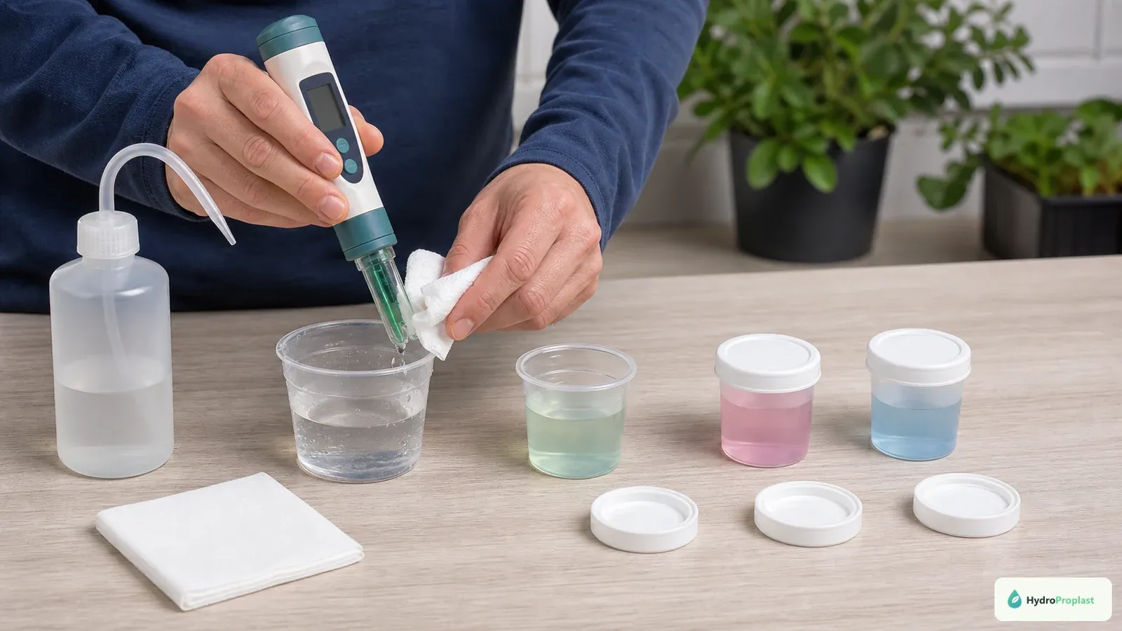pH meter probe is rinsed and blotted beside fresh calibration buffer cups on a clean dry bench.