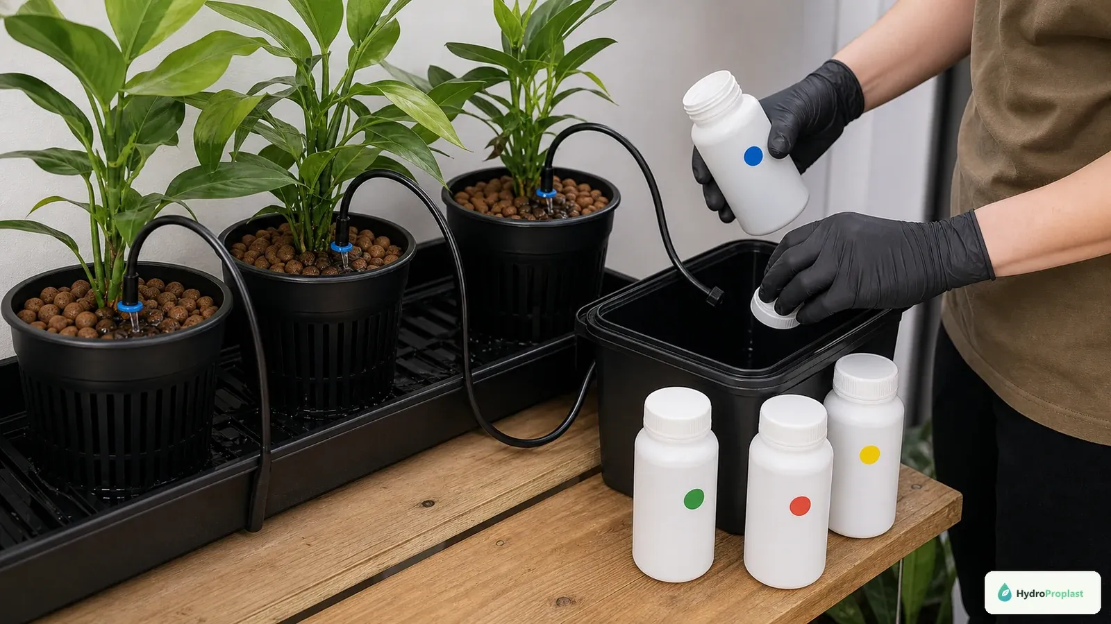 Caretaker uses premeasured containers at a recirculating drip hydroponic system.