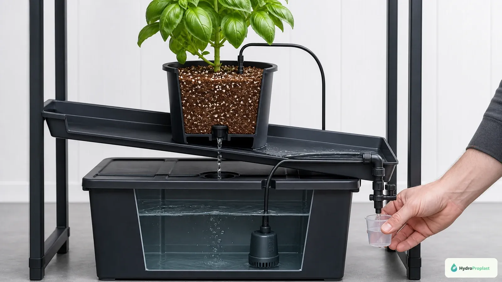 Grower checks a drip emitter and collects runoff from a recirculating basil system with a complete supply and return loop.