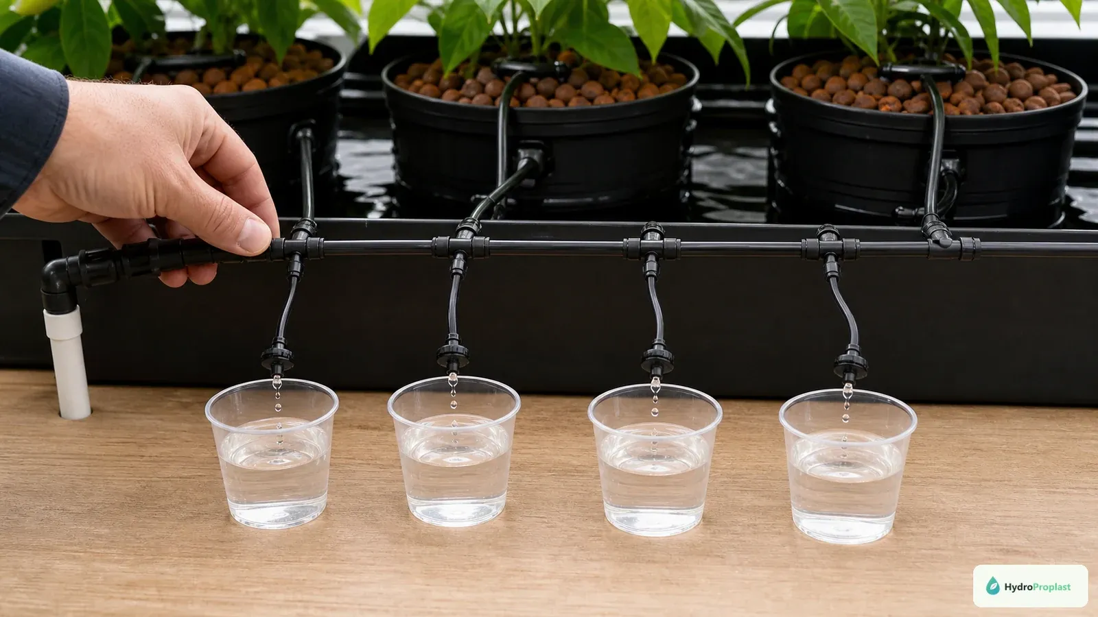 Grower measuring drip emitter flow into a graduated cylinder to verify even moisture delivery.