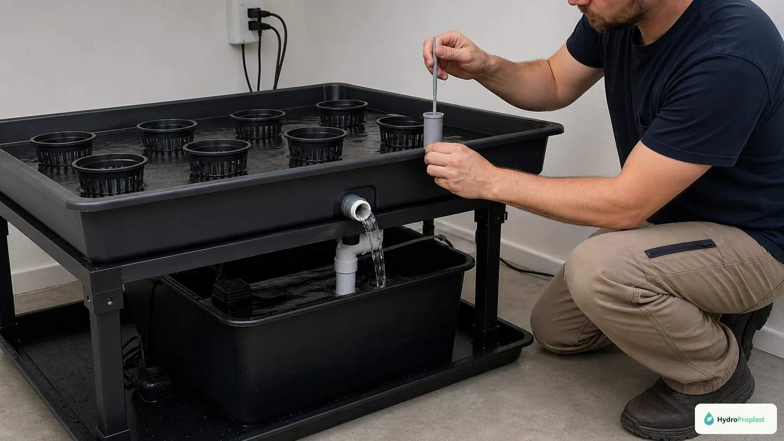 Grower checks maximum flood height at the standpipe and confirms the tray drains completely during a plain-water test.