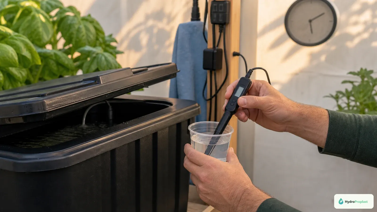 Grower checking nutrient reservoir temperature beside a leafy green hydroponic system.