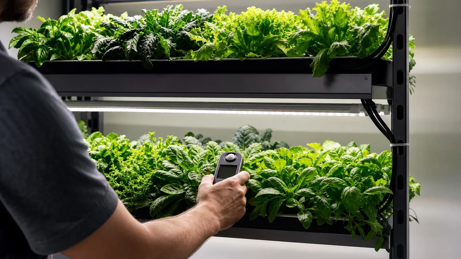 A grower measures light at upper and lower mature canopies to identify shading between vertical tiers.