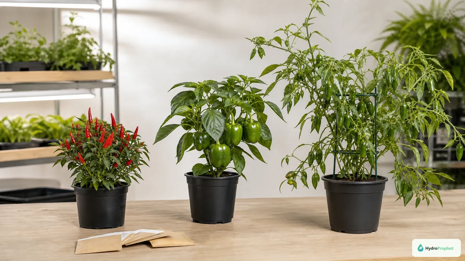 Compact chili, bell, and taller pepper plants are compared by mature canopy and fruit habit.