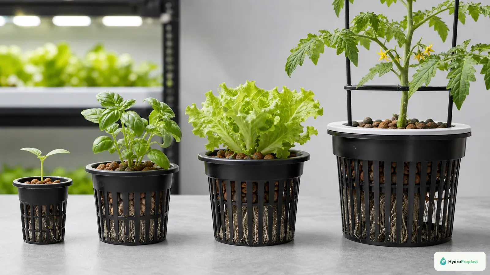 Four hydroponic net-pot sizes are matched visually to seedlings, herbs, lettuce, and a supported fruiting plant.