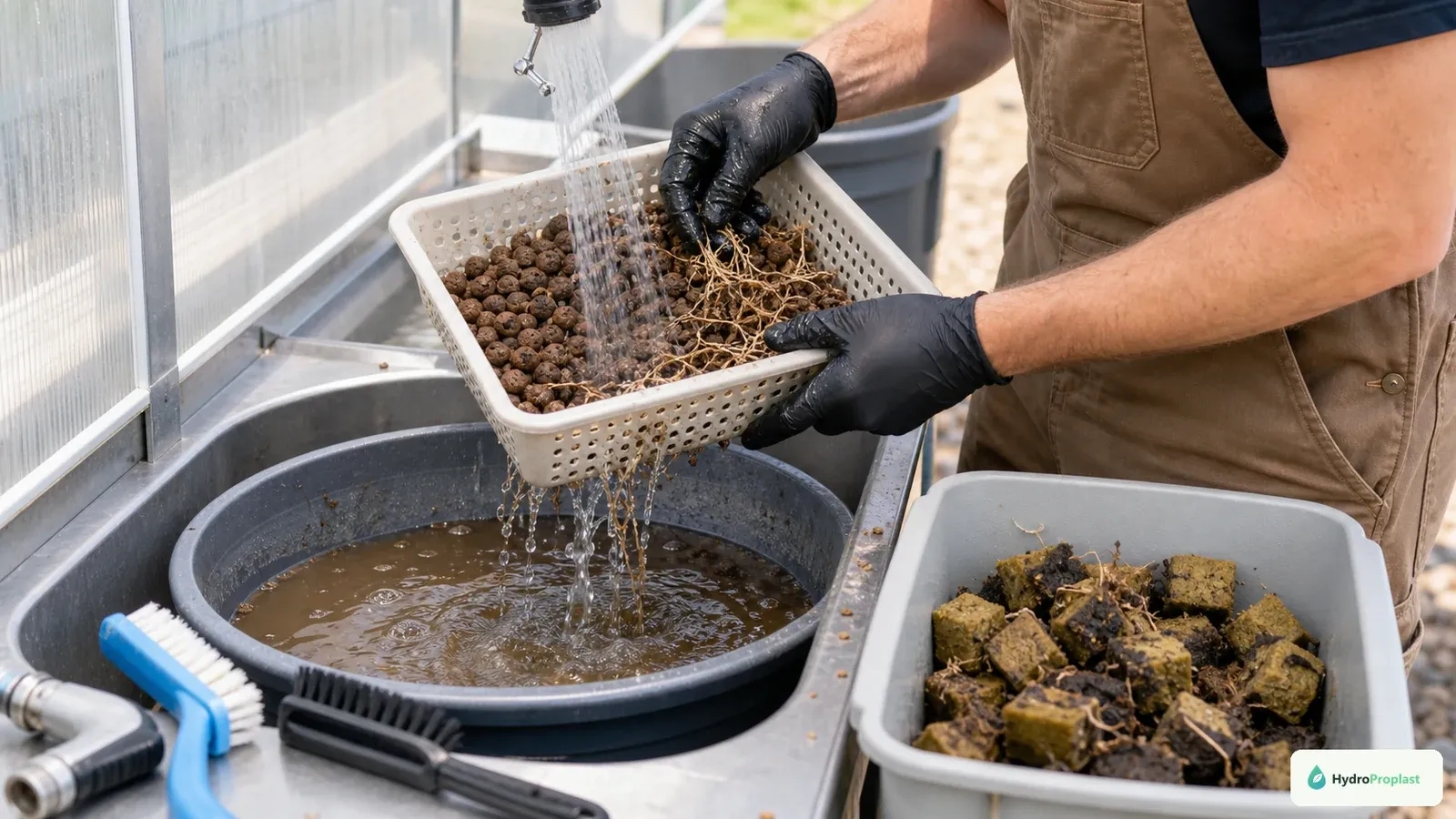 Reusable clay pebbles are rinsed separately from used starter cubes at a clean hydroponic workbench.