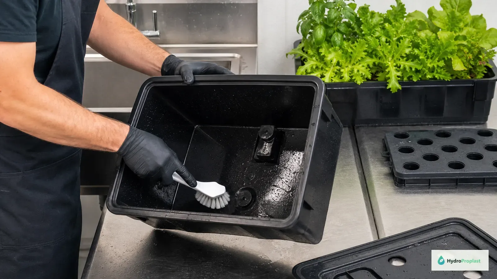 Empty hydroponic reservoir and removable components being scrubbed safely at a clean workbench.