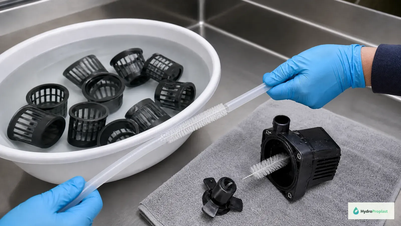 Hydroponic tubing, net cups, and an opened pump housing being cleaned separately with soft brushes.