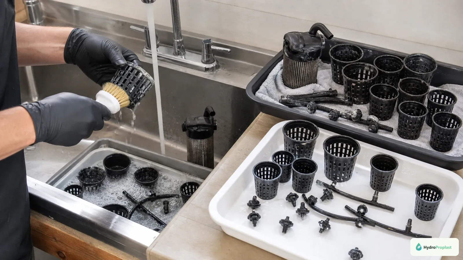 Removed net pots, drip emitters, tubing, and filters are scrubbed and rinsed between hydroponic crops.