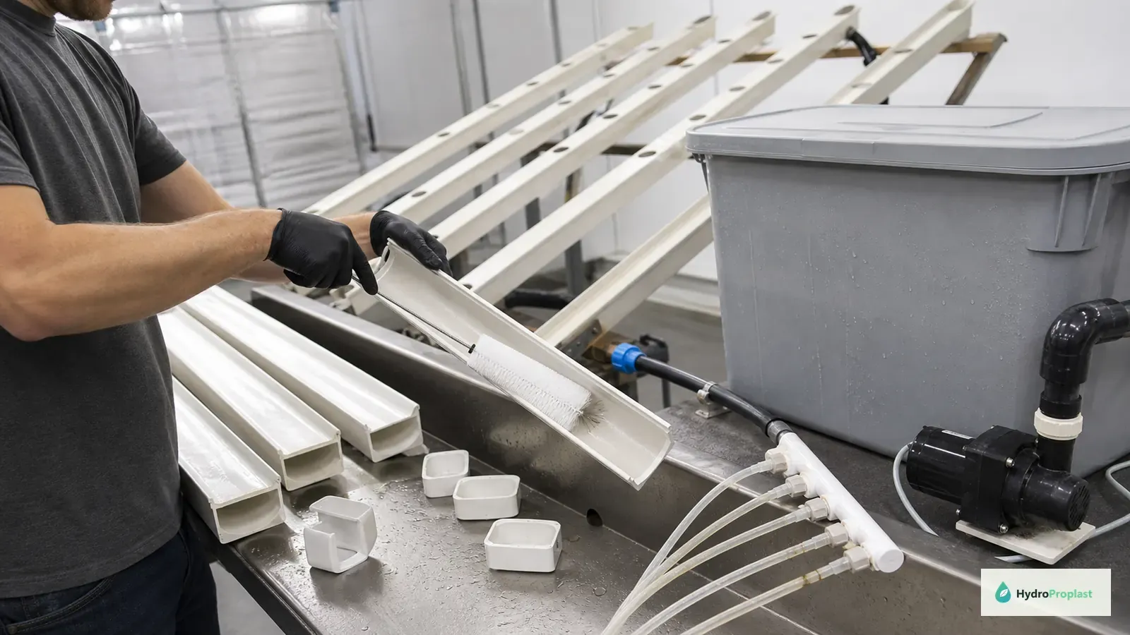 Grower cleaning recognizable NFT channels, end caps, supply manifold, return line, and reservoir between crops.