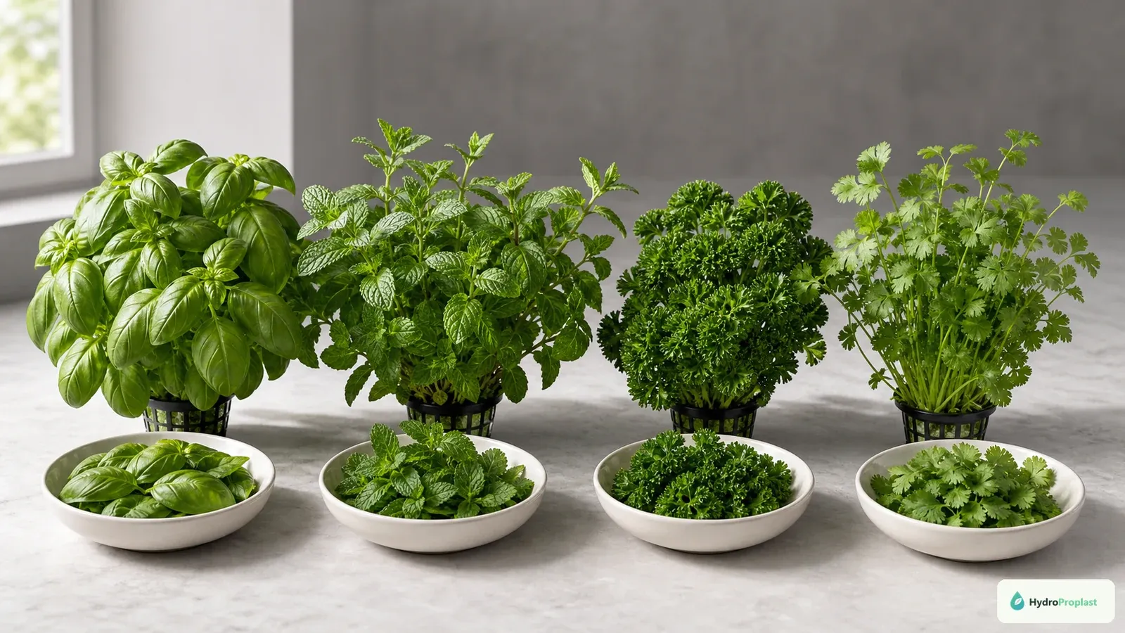 Basil, mint, parsley, and cilantro are compared by leaf shape, canopy size, and harvest habit.