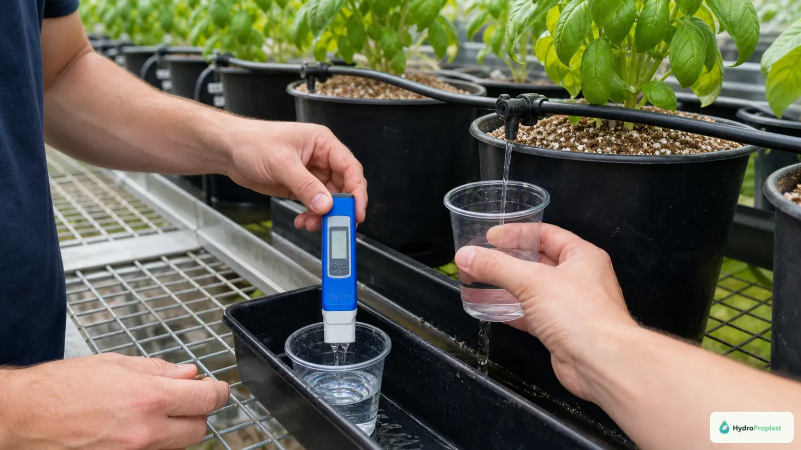 Grower collects separate feed and runoff samples from a hydroponic drip pot for EC comparison.