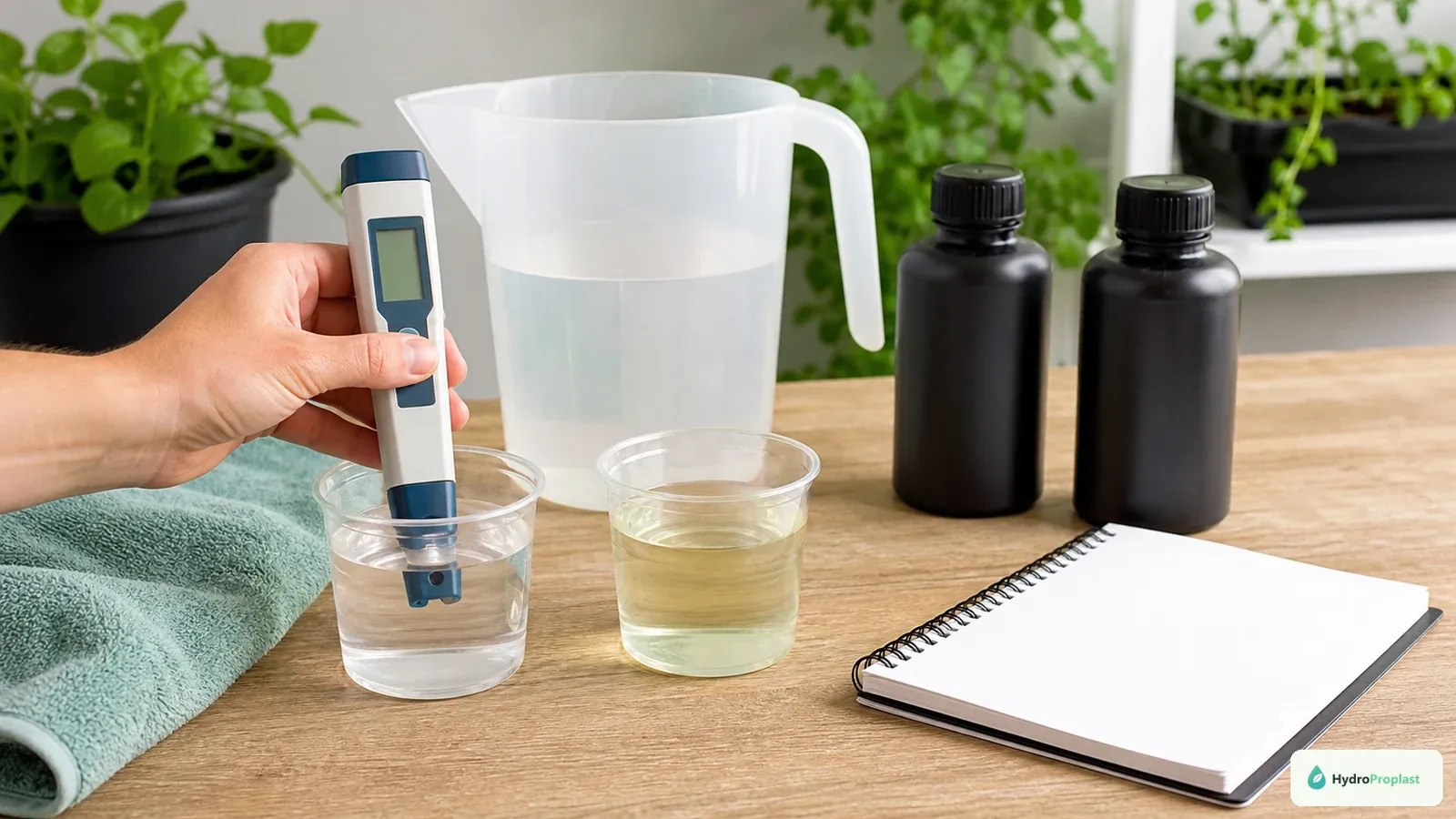 EC meter compares a freshly mixed nutrient sample with a sample drawn from a working hydroponic reservoir.