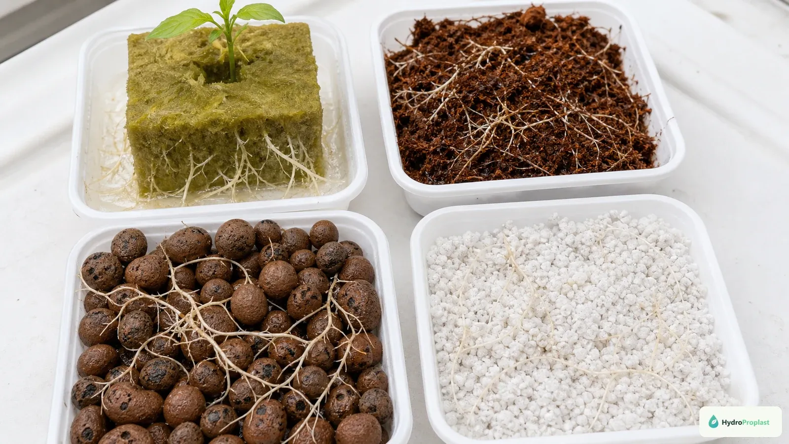 Four common hydroponic grow media are compared in separate trays with their root-support structures visible.