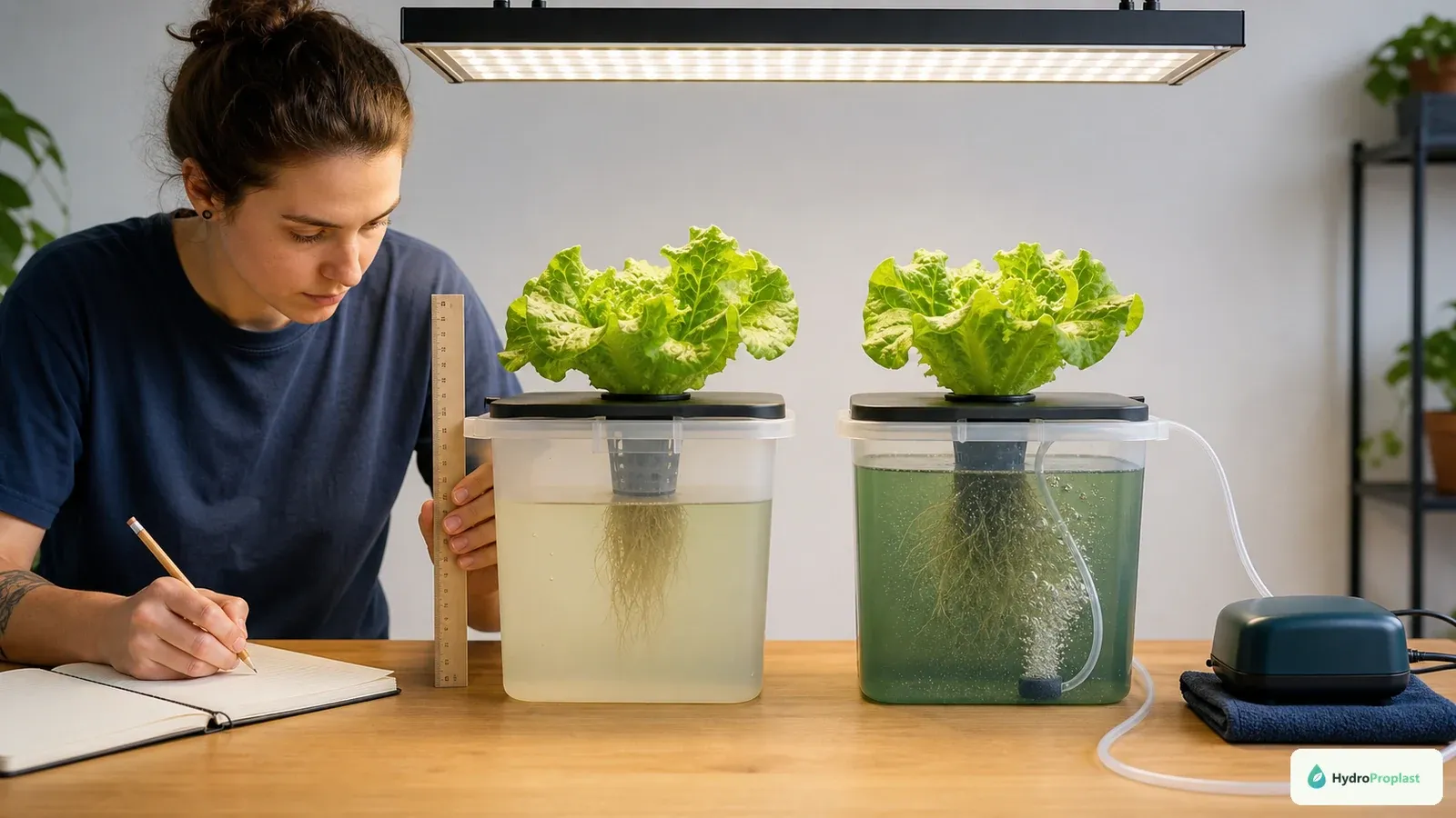 Grower records observations from matched Kratky and aerated DWC lettuce containers under one shared light.