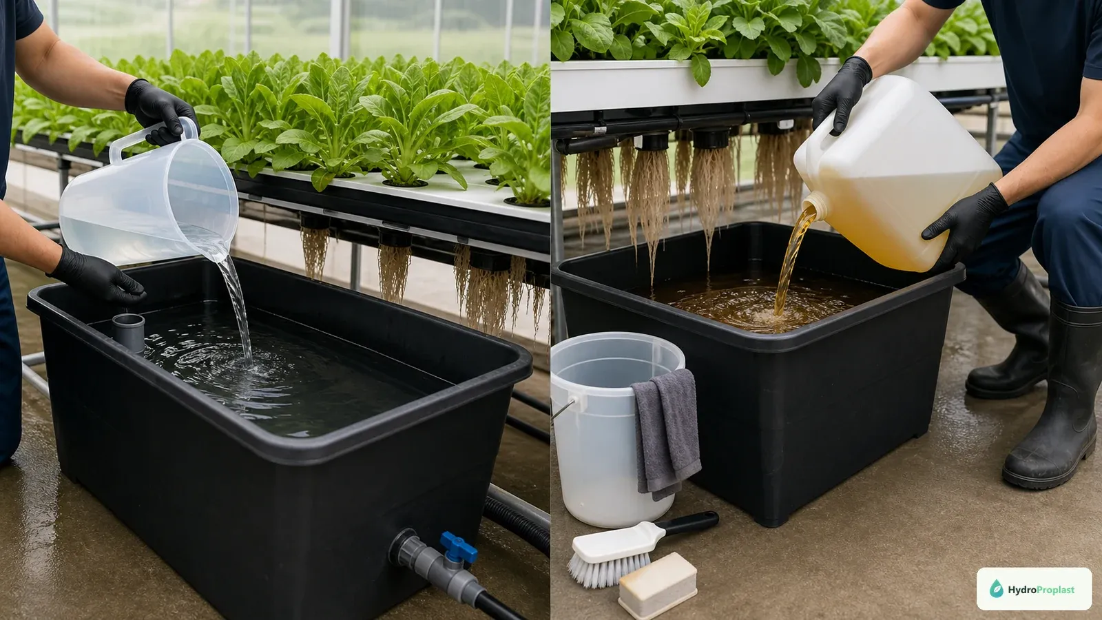 Side-by-side maintenance stages compare adding plain water with replacing the entire hydroponic solution.