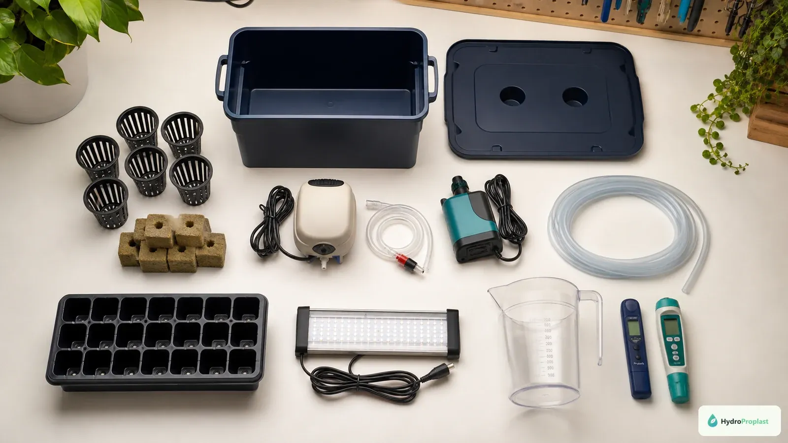 Hydroponic components arranged on a worktable, including reservoir, lid, net pots, pumps, tubing, light, meters, and seedling tray.
