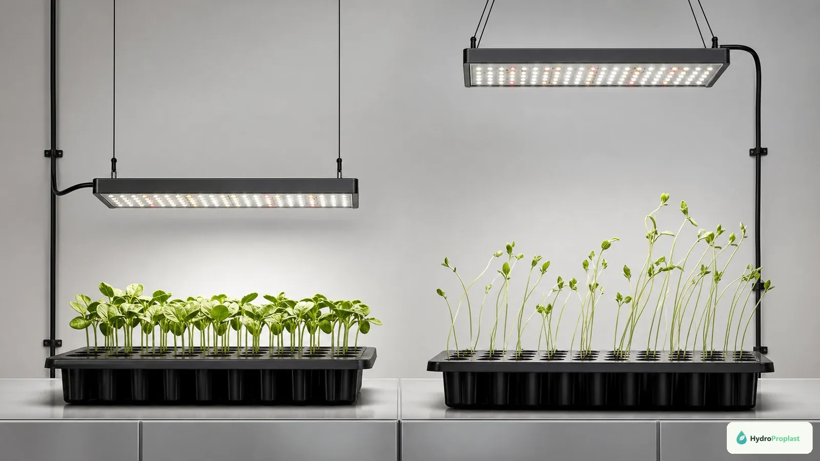 Hydroponic seedling trays compare correct and excessive LED grow-light distance.