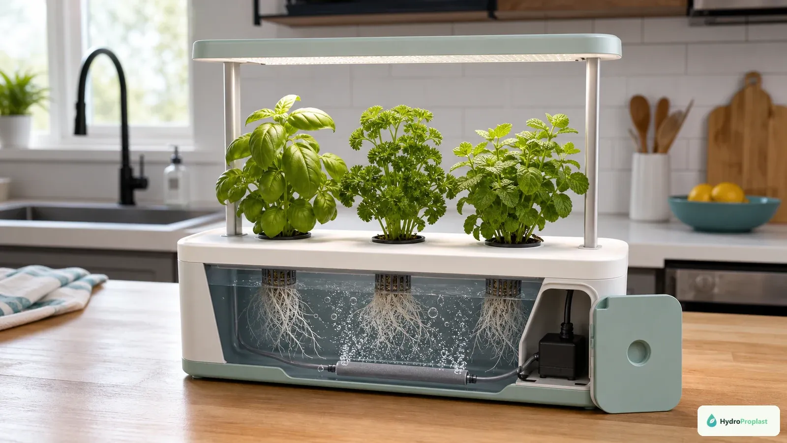 Compact countertop DWC herb kit with integrated light, submerged roots, visible aeration, and removable service access.