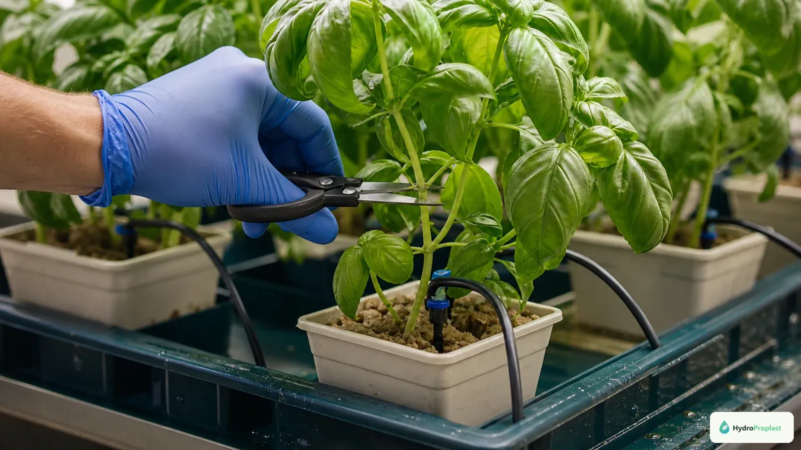 Gloved grower cuts hydroponic basil above a node in a drip system with emitters and a runoff tray.