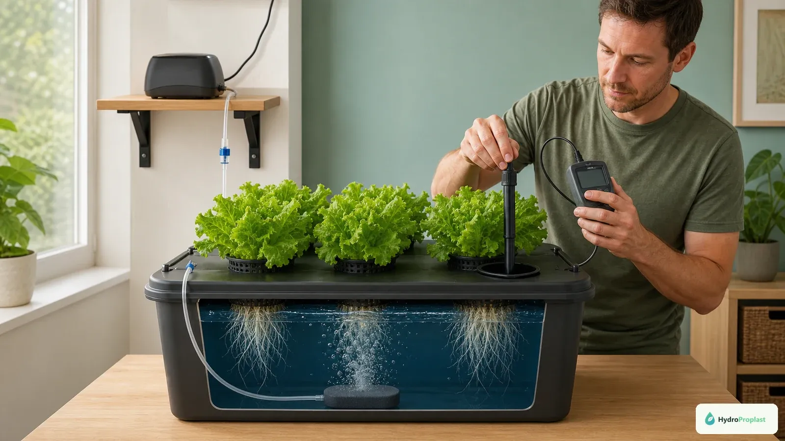 Grower measures dissolved oxygen in an aerated DWC lettuce reservoir with submerged roots and an external air pump.