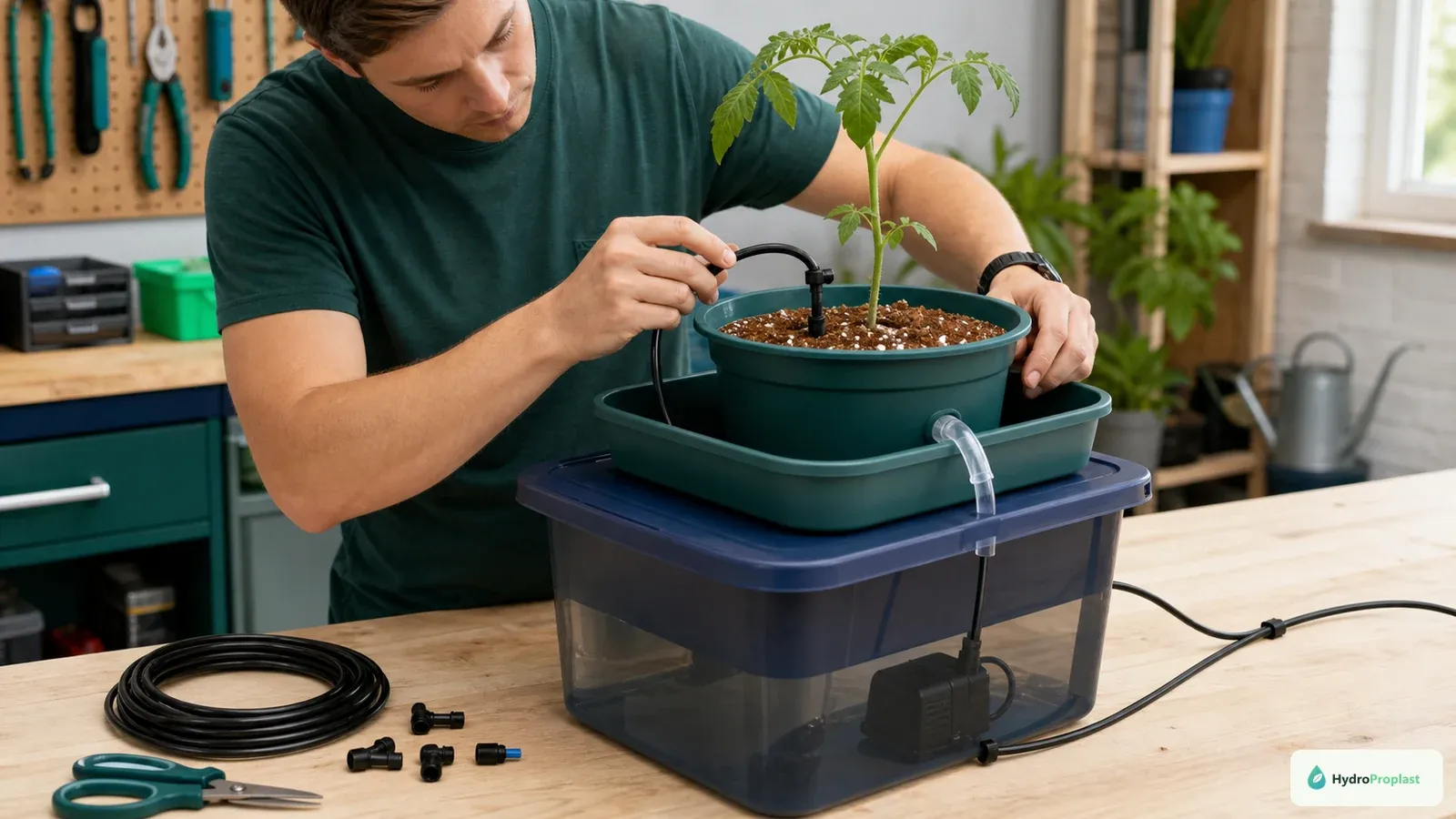 Beginner assembles a recirculating drip system with an emitter in coco-perlite, collection tray, reservoir pump, and runoff return.