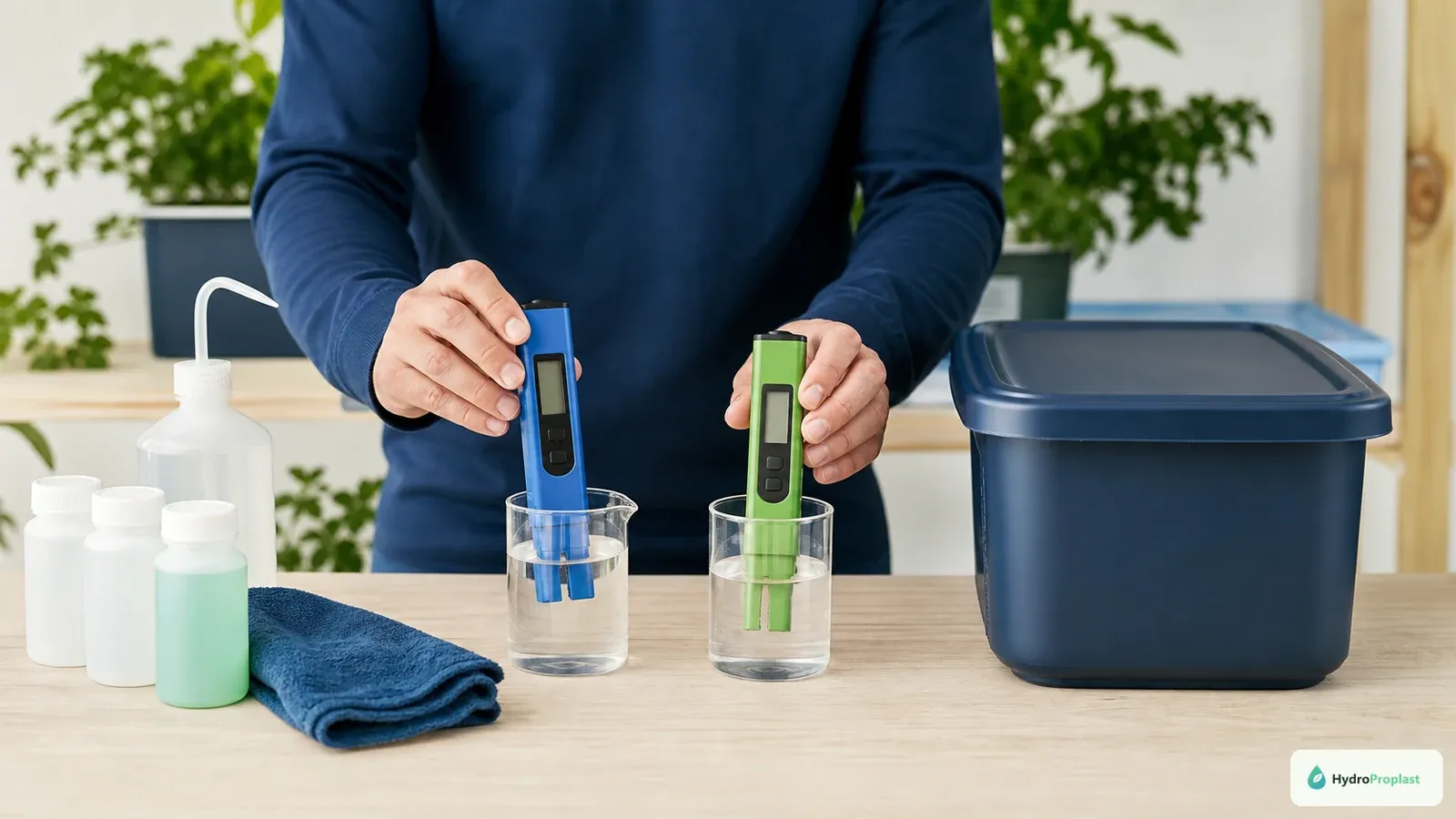 Grower uses separate pH and EC meters in clean nutrient-solution sample cups beside a covered reservoir.