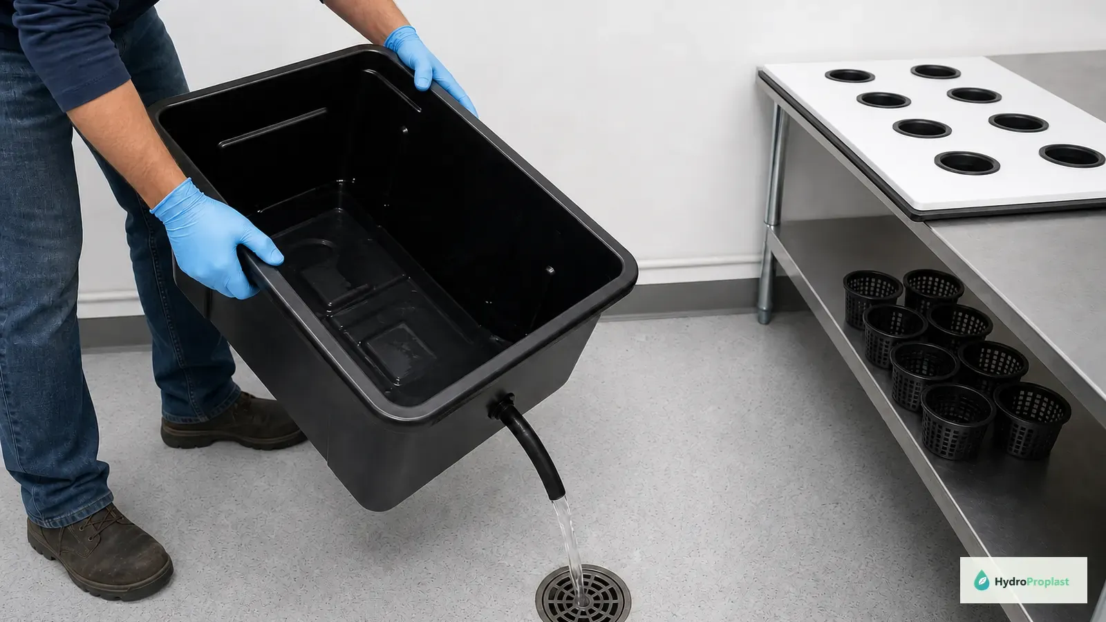 Empty hydroponic reservoir being drained through a controlled outlet into a utility floor drain.