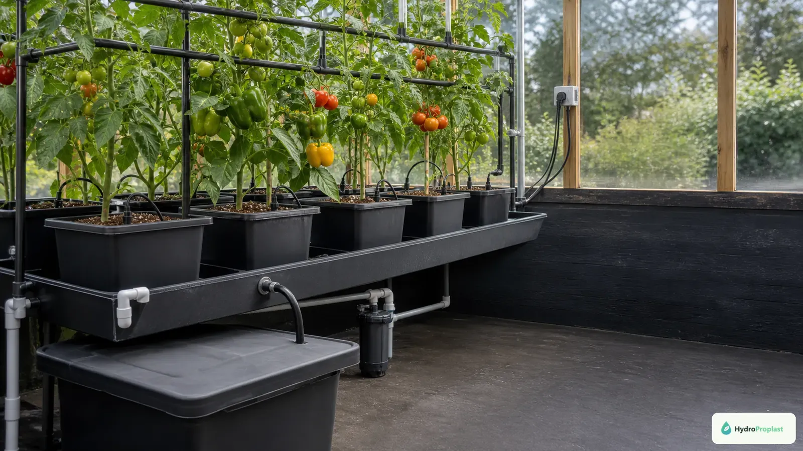 Tomato plants grow in substrate pots supplied by individual drip emitters with runoff returning through a gutter to an opaque reservoir.