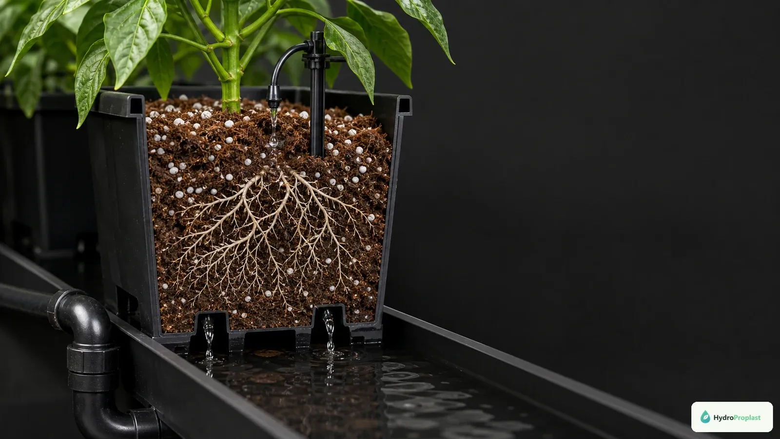 Drip emitter wets the growing medium at a plant base while excess solution exits pot drain holes into a contained return gutter.