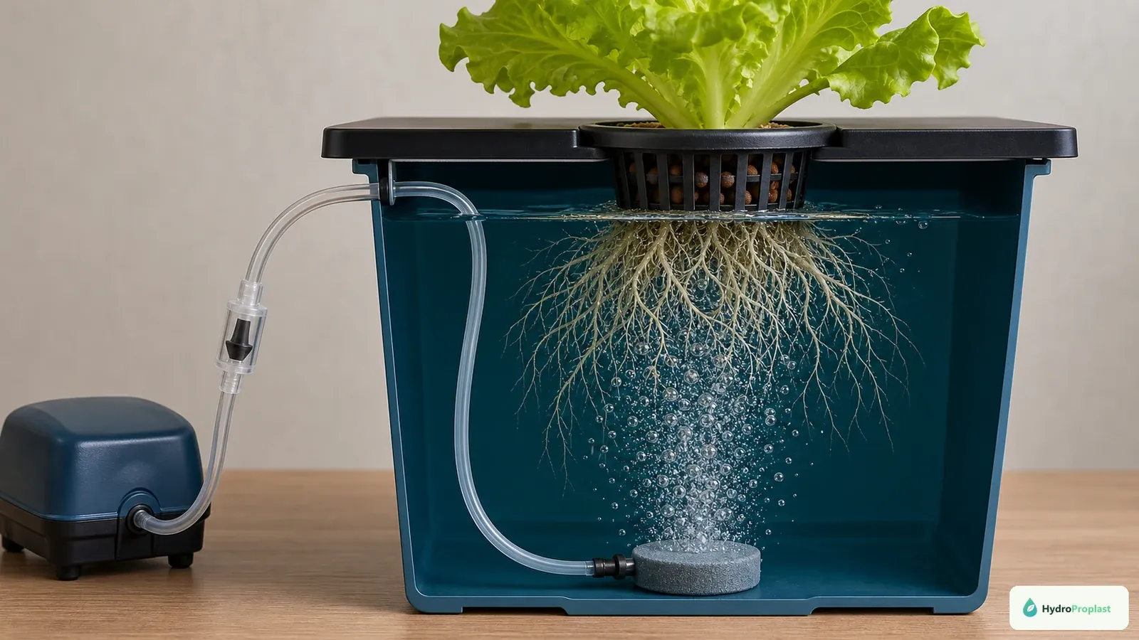 DWC aeration chain with an external air pump, check valve, airline, air stone, bubbles, and submerged lettuce roots.
