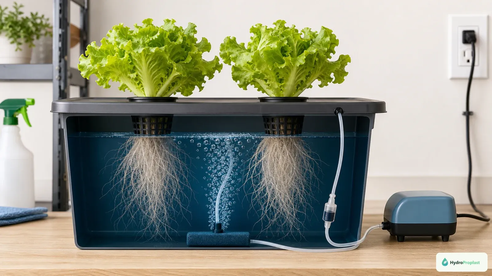 Cutaway of a Deep Water Culture bucket showing a net pot, clay pebbles, air pump, check valve, air stone, and oxygenated root zone.